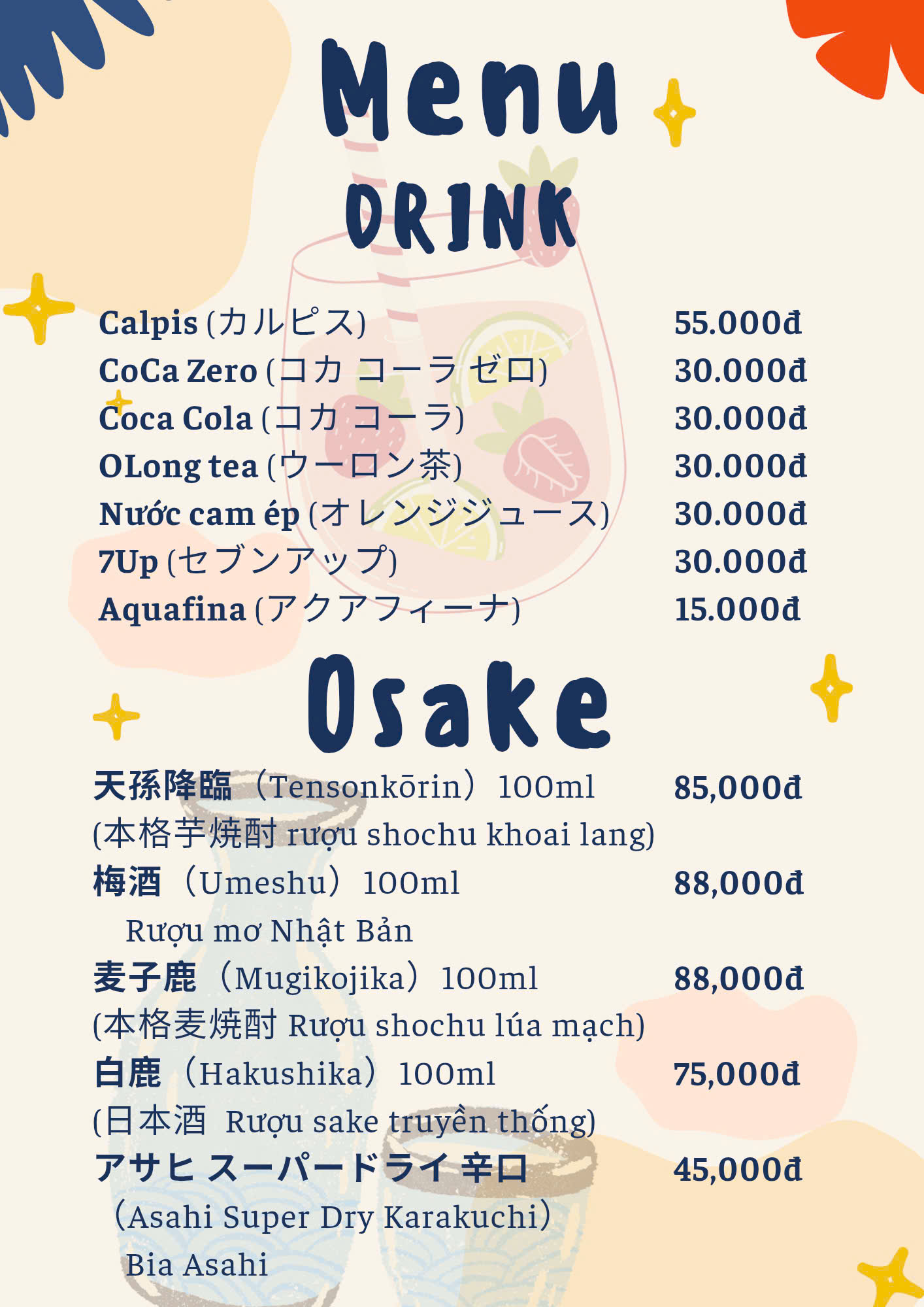 Menu đồ uống tại Kagura Ramen 25 Láng Hạ gồm Calpis, Coca Cola, trà OLong, nước cam ép, bia Asahi và rượu Nhật